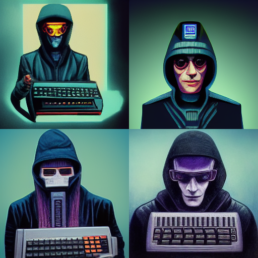 /imagine prompt:hacker in cyberpunk style holding a commodore 64